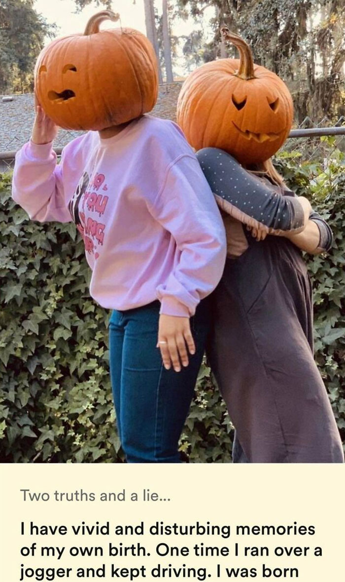 A wild screenshot from online dating showing two people with pumpkins on their heads and a disturbing bio.