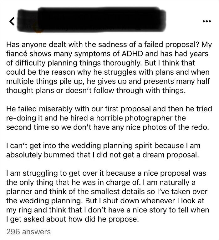 A screenshot of a post about a failed proposal and the bride's disappointment, affecting her wedding day planning.