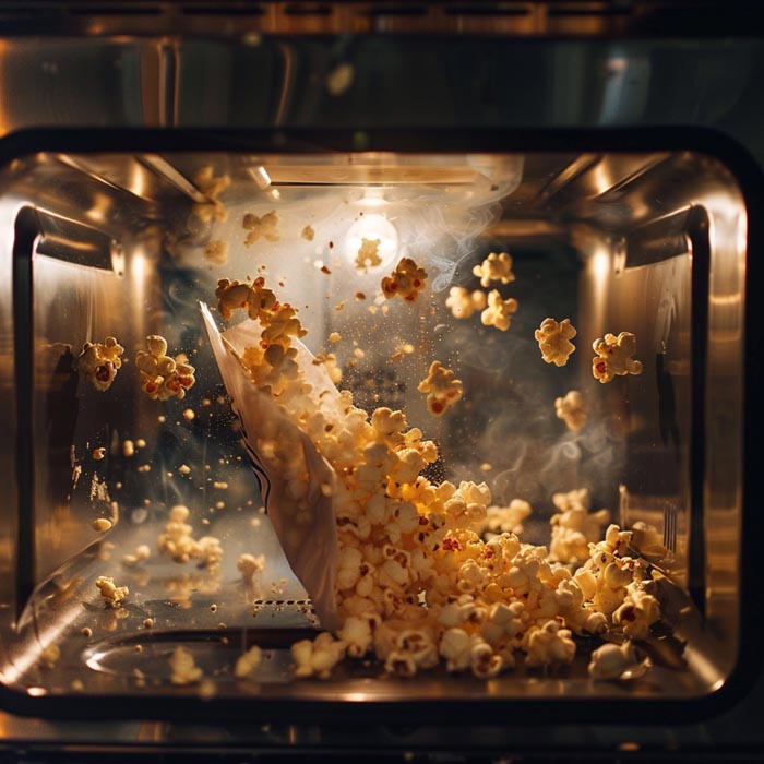 Popcorn explodes out of a bag inside a microwave, a metaphor for dumb work rules gone wrong.