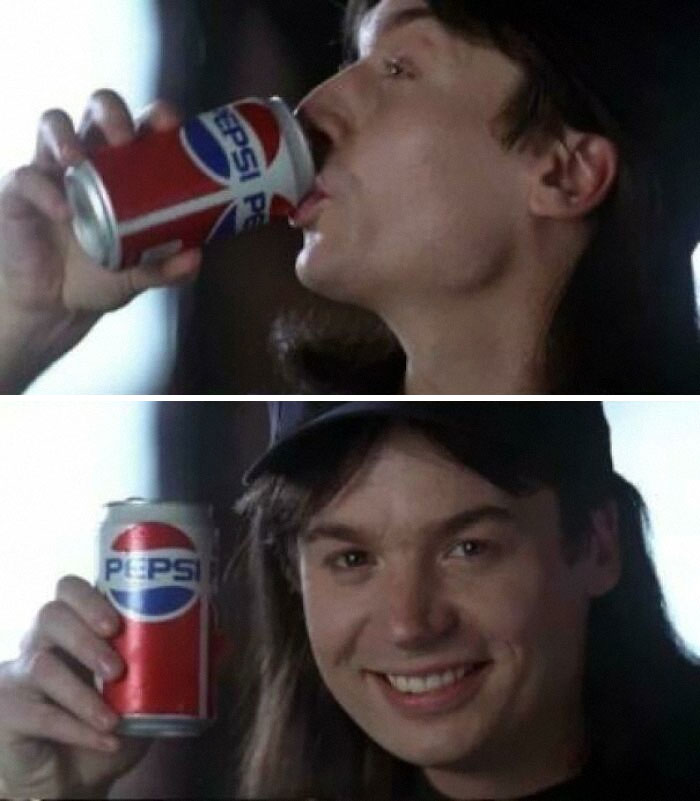 The Mock Pepsi Product Placement In The 1992 Comedy Movie, “Wayne’s World” With Mike Myers