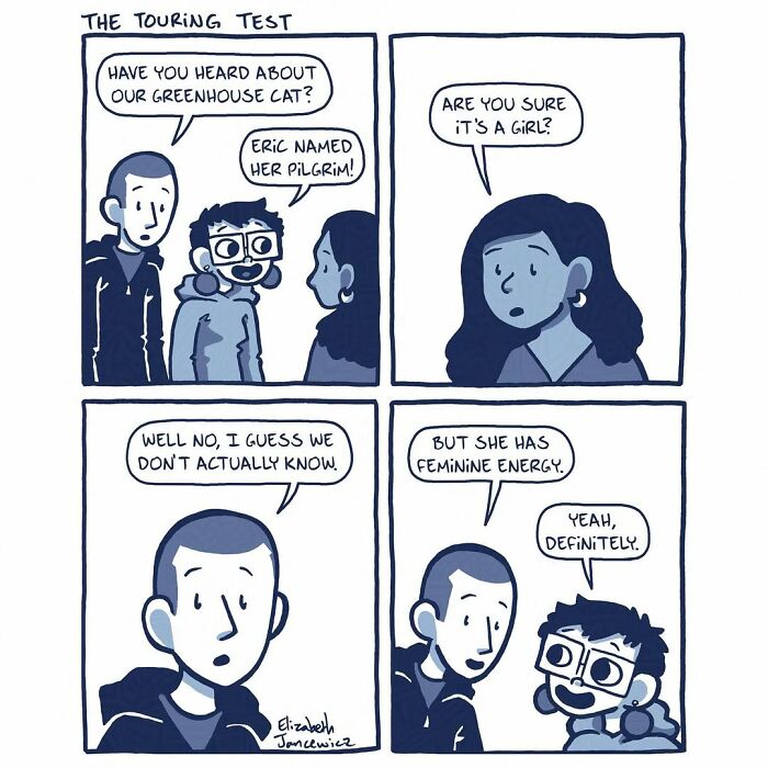 A heartwarming comic series showing people discussing their greenhouse cat and its gender. A heartwarming comic series showing people discussing their greenhouse cat and its gender.