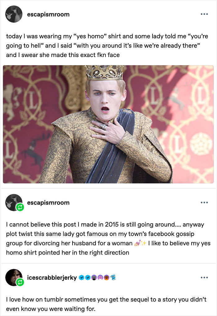 A Tumblr post featuring an image of Joffrey Baratheon looking shocked, with text about a 'yes homo' shirt. One of the best things shared on Tumblr.