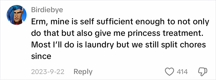 A comment about blue-collar husbands, highlighting self-sufficiency and fair division of chores in a relationship. A comment about blue-collar husbands, highlighting self-sufficiency and fair division of chores in a relationship.