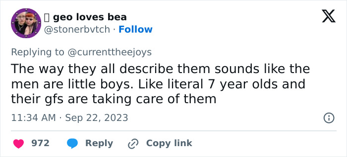 A tweet describing blue-collar husbands as sounding like little boys, their wives taking care of them. A tweet describing blue-collar husbands as sounding like little boys, their wives taking care of them.