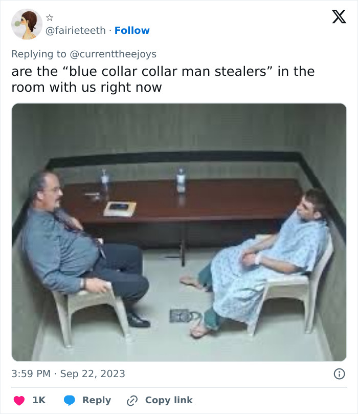 A tweet with an image of two men in a room, asking if blue-collar husbands man stealers are present. A tweet with an image of two men in a room, asking if blue-collar husbands man stealers are present.