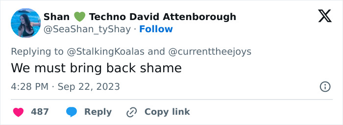 A Twitter post from Shan ❤️ Techno David Attenborough saying We must bring back shame, related to the blue-collar husbands trend. A Twitter post from Shan ❤️ Techno David Attenborough saying We must bring back shame, related to the blue-collar husbands trend.