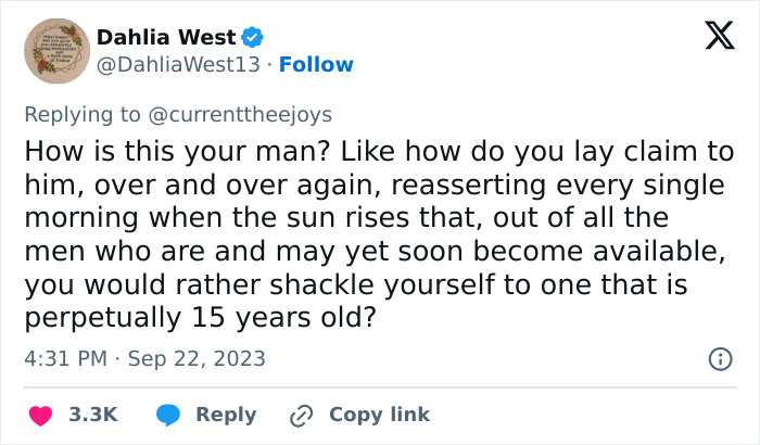 A social media reply from Dahlia West asks why women would shackle themselves to a blue-collar husband. A social media reply from Dahlia West asks why women would shackle themselves to a blue-collar husband.