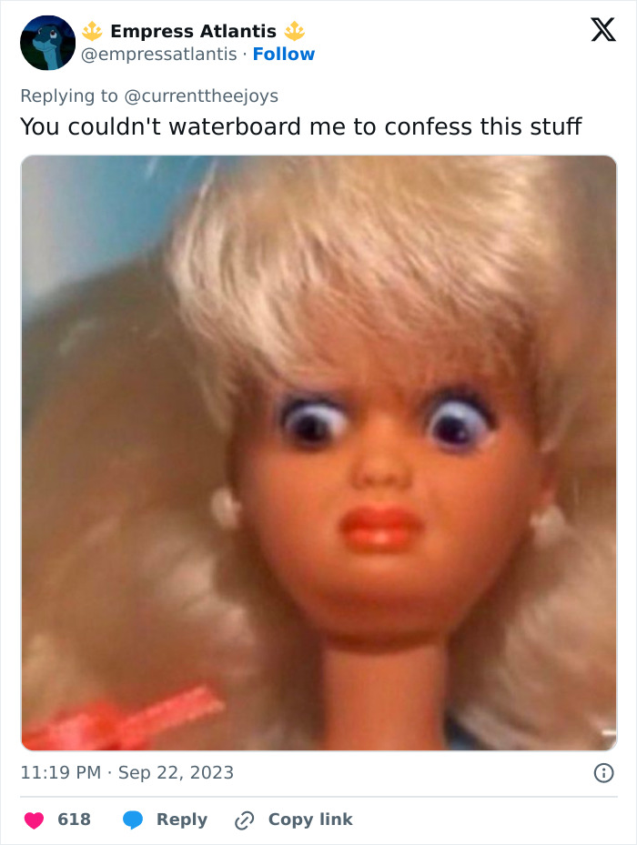A close-up image of a wide-eyed Barbie doll, expressing disbelief about sharing info about blue-collar husbands. A close-up image of a wide-eyed Barbie doll, expressing disbelief about sharing info about blue-collar husbands.