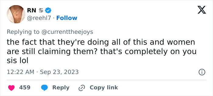 Screenshot of a social media post where a user comments on women and blue-collar husbands. Screenshot of a social media post where a user comments on women and blue-collar husbands.
