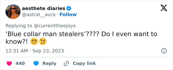 Screenshot of a social media post asking about blue-collar man stealers, referencing blue-collar husbands. Screenshot of a social media post asking about blue-collar man stealers, referencing blue-collar husbands.