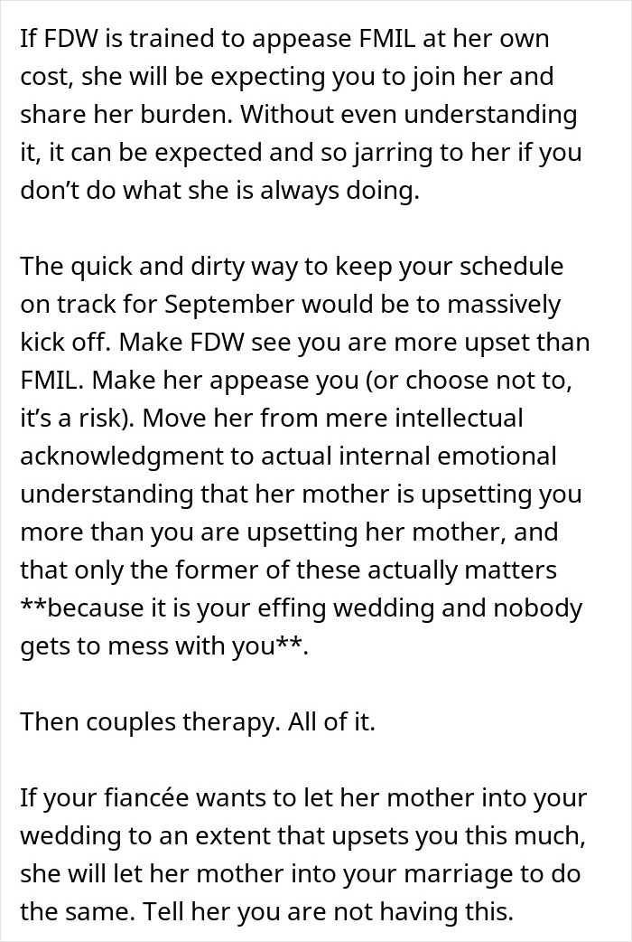 Text snippet advising the bride on managing her future MIL's attempts to take over the wedding and addressing her fiancée's role. Text snippet advising the bride on managing her future MIL's attempts to take over the wedding and addressing her fiancée's role.