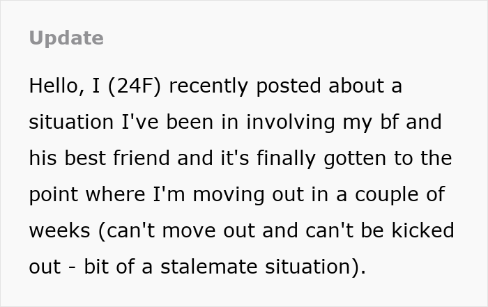 Ex-girlfriend sends receipts: An update post about moving out due to a boyfriend and best friend situation. Ex-girlfriend sends receipts: An update post about moving out due to a boyfriend and best friend situation.