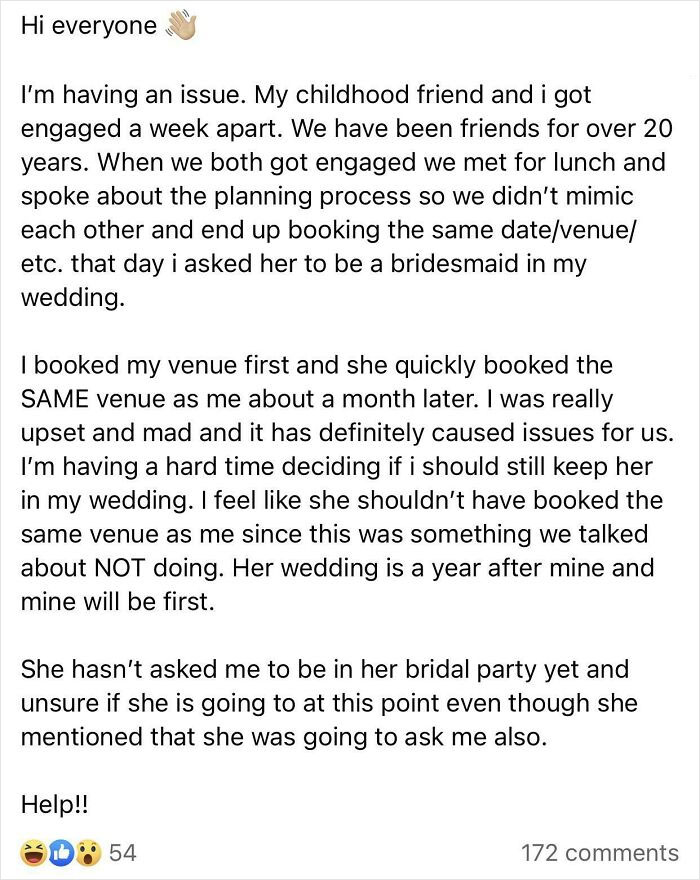 A screenshot of a post by a bride upset her friend booked the same wedding venue and date, creating a wedding day nightmare.