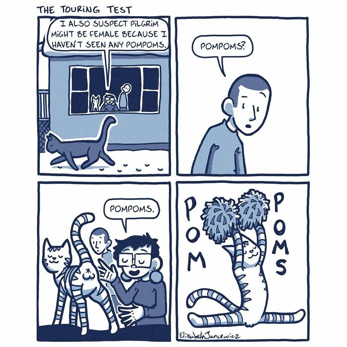 A heartwarming comic series of a person explaining a cat's gender with visual examples of pom-poms. A heartwarming comic series of a person explaining a cat's gender with visual examples of pom-poms.