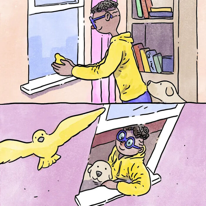 A comic of a person and their pet dog looking out a window at a bird, capturing life with pets. A comic of a person and their pet dog looking out a window at a bird, capturing life with pets.