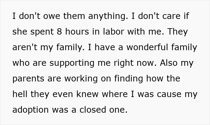 An adopted teen expressing no debt to birth parents, supported by their adoptive parents regarding the sudden demand. An adopted teen expressing no debt to birth parents, supported by their adoptive parents regarding the sudden demand.