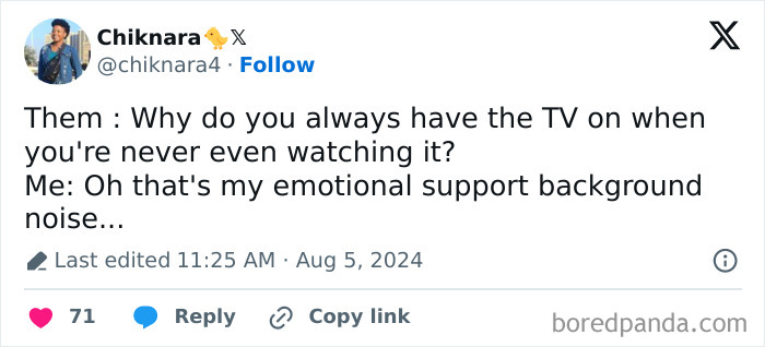 A meme queen post with white text on a black background, stating, Them: Why do you always have the TV on when you're never even watching it? Me: Oh that's my emotional support background noise.