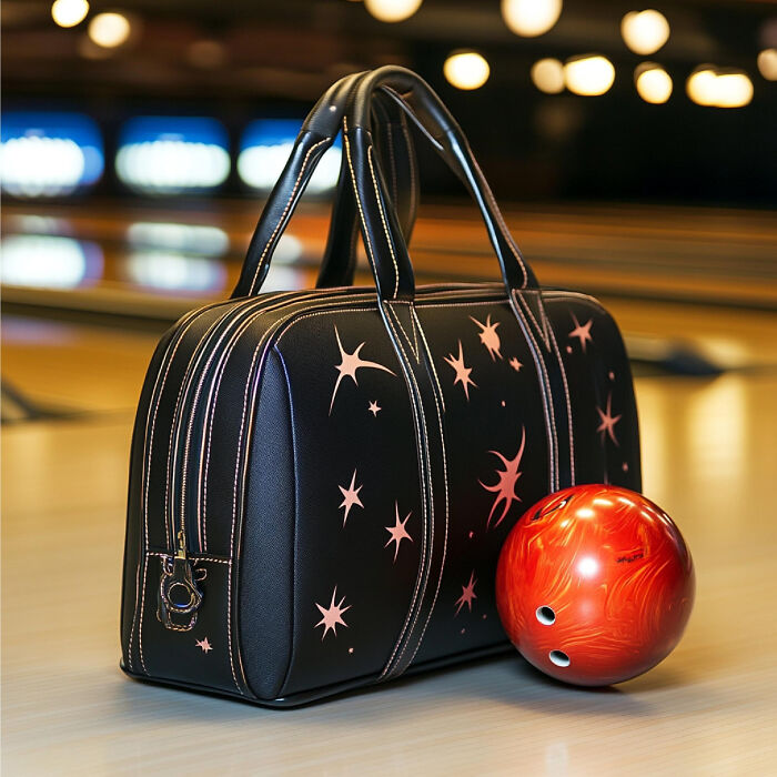 Black bowling bag with star design and a red bowling ball on a lane, revealing a secret.