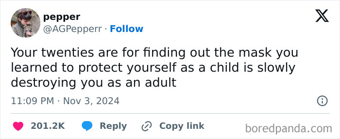 A serotonin meme tweet from pepper about twenties and masks bringing comfort.
