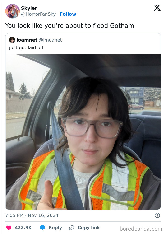 A Twitter post showing a person in a car wearing a safety vest and glasses, with a savage verbal knockout in the caption, You look like you're about to flood Gotham.