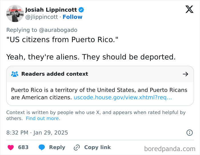 Tweet from Josiah Lippincott getting fact-checked about Puerto Rican citizenship, showing what a fool they are.