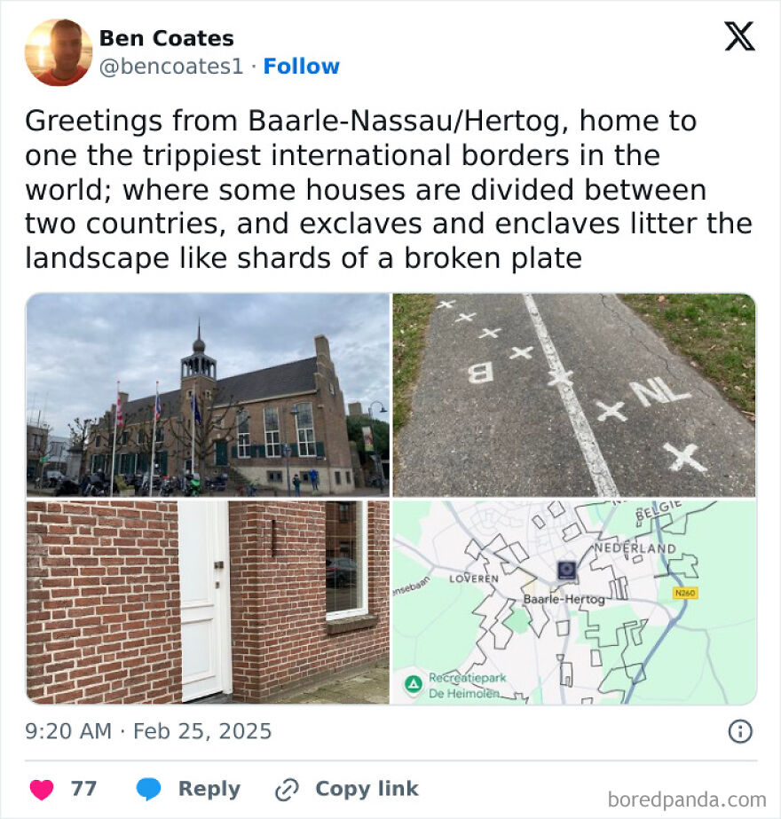 A collage displaying buildings, a painted road, a brick wall with a door, and a map of Baarle-Nassau, illustrating intricate country borders.