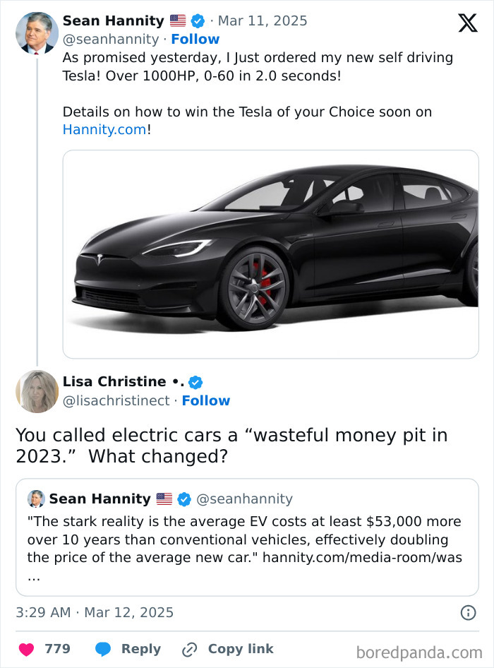 People satisfyingly got caught in contradictions online, as Sean Hannity's Tesla purchase contradicts his past statements.