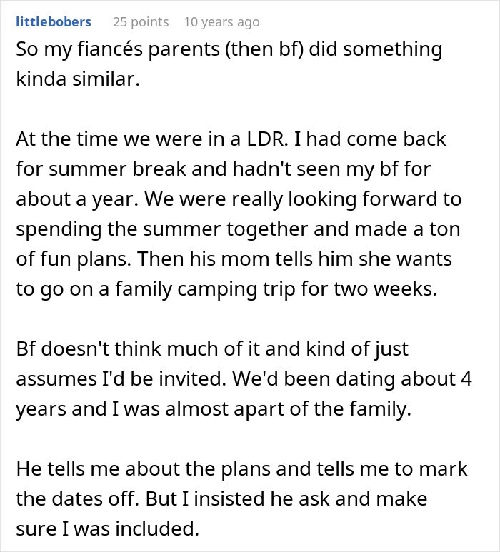 A Reddit comment sharing a similar experience where a boyfriend's family's cruel plan excluded the partner from a trip. A Reddit comment sharing a similar experience where a boyfriend's family's cruel plan excluded the partner from a trip.