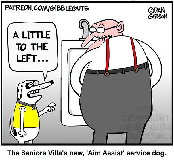 Hilarious one-panel comic by Dan Gibson showing a dog helping an old man aim at a urinal, proving growing older doesn't mean growing up.
