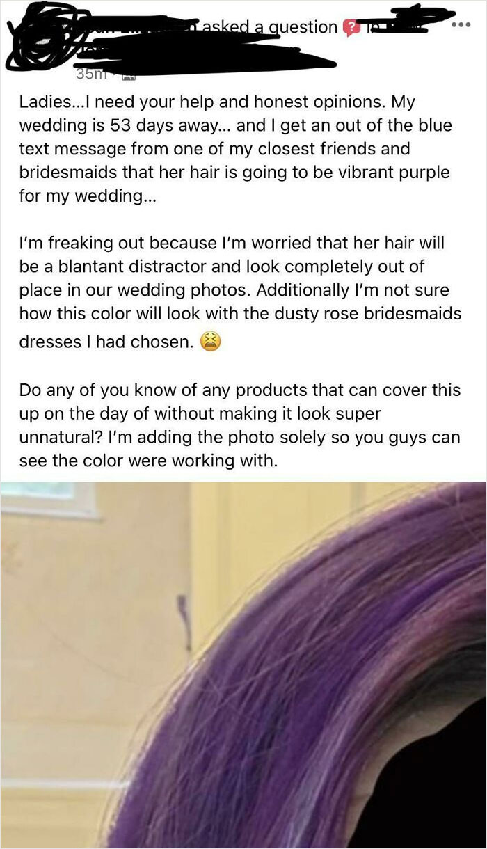 A bride asks for advice on covering her bridesmaid's vibrant purple hair for her wedding day photos.