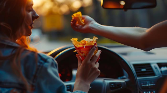 Woman eating fries while driving, illustrating dumb work rules about food and drink at the workplace.