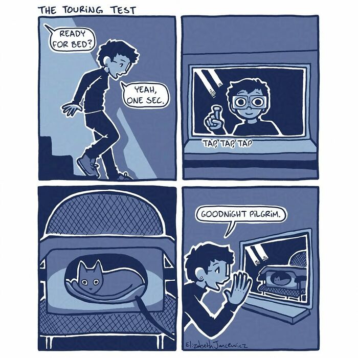 A heartwarming comic series of a person saying goodnight to a stray cat through a window. A heartwarming comic series of a person saying goodnight to a stray cat through a window.
