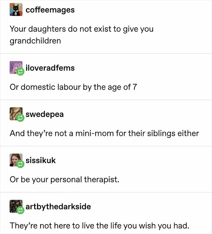 A Tumblr post showing a list of reasons daughters do not exist, including to provide grandchildren or domestic labor. Among the best things shared on Tumblr.