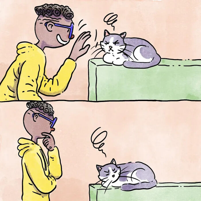 A comic depicting a person trying to interact with their pet cat, highlighting life with pets. A comic depicting a person trying to interact with their pet cat, highlighting life with pets.