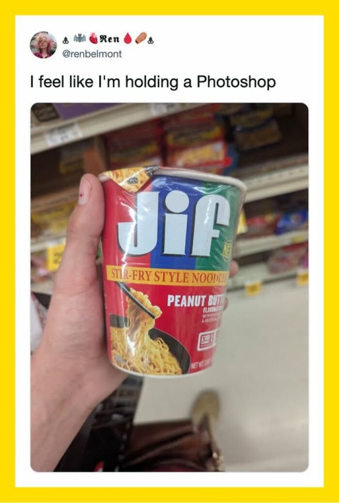 Funny tweets showing a Jif peanut butter stir-fry style noodle cup in a hand, appearing unhinged.