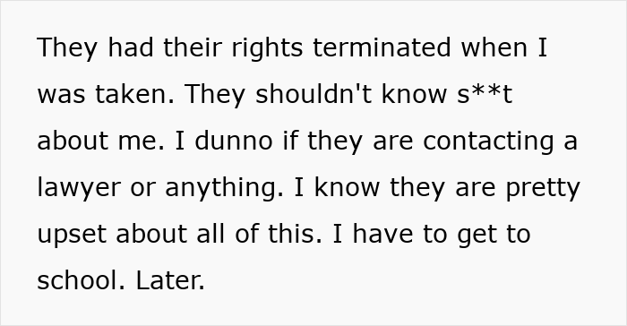 An adopted teen discussing birth parents' terminated rights and the sudden demand for debt repayment. An adopted teen discussing birth parents' terminated rights and the sudden demand for debt repayment.