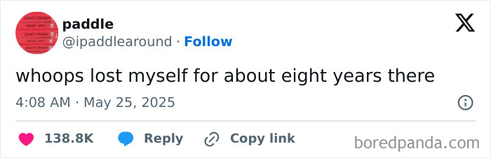 A serotonin meme on Twitter saying 'whoops lost myself for about eight years there,' offering comfort.