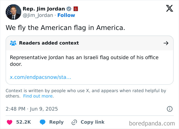 A fact-checked tweet by Rep. Jim Jordan about flying the American flag, showing him as a fool or liar with added context.
