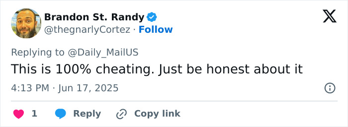 Twitter screenshot of a user's comment stating 'This is 100% cheating. Just be honest about it.'