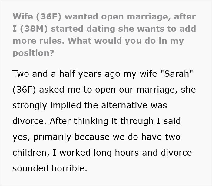 Screenshot of text discussing a wife wanting new rules after her husband meets another woman in an open marriage. Screenshot of text discussing a wife wanting new rules after her husband meets another woman in an open marriage.