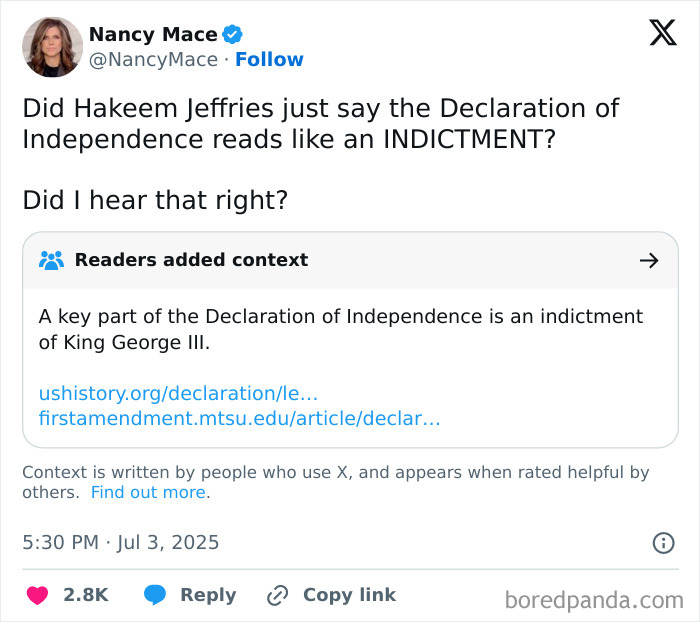 Tweet from Nancy Mace getting fact-checked for misinterpreting the Declaration of Independence, showing what a fool they are.