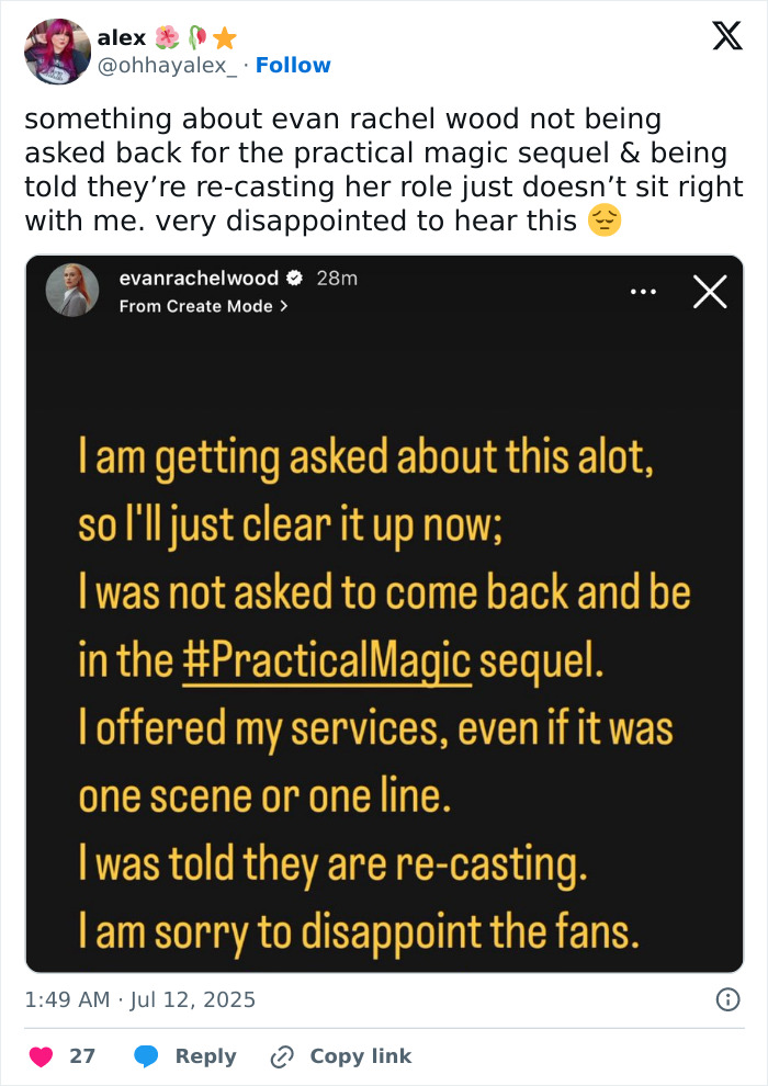 A tweet from Evan Rachel Wood confirming she was not asked back for the Practical Magic sequel. A tweet from Evan Rachel Wood confirming she was not asked back for the Practical Magic sequel.