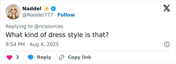 A social media comment from 'Naddel' asking about the dress style of Noah Cyrus's risky look. A social media comment from 'Naddel' asking about the dress style of Noah Cyrus's risky look.
