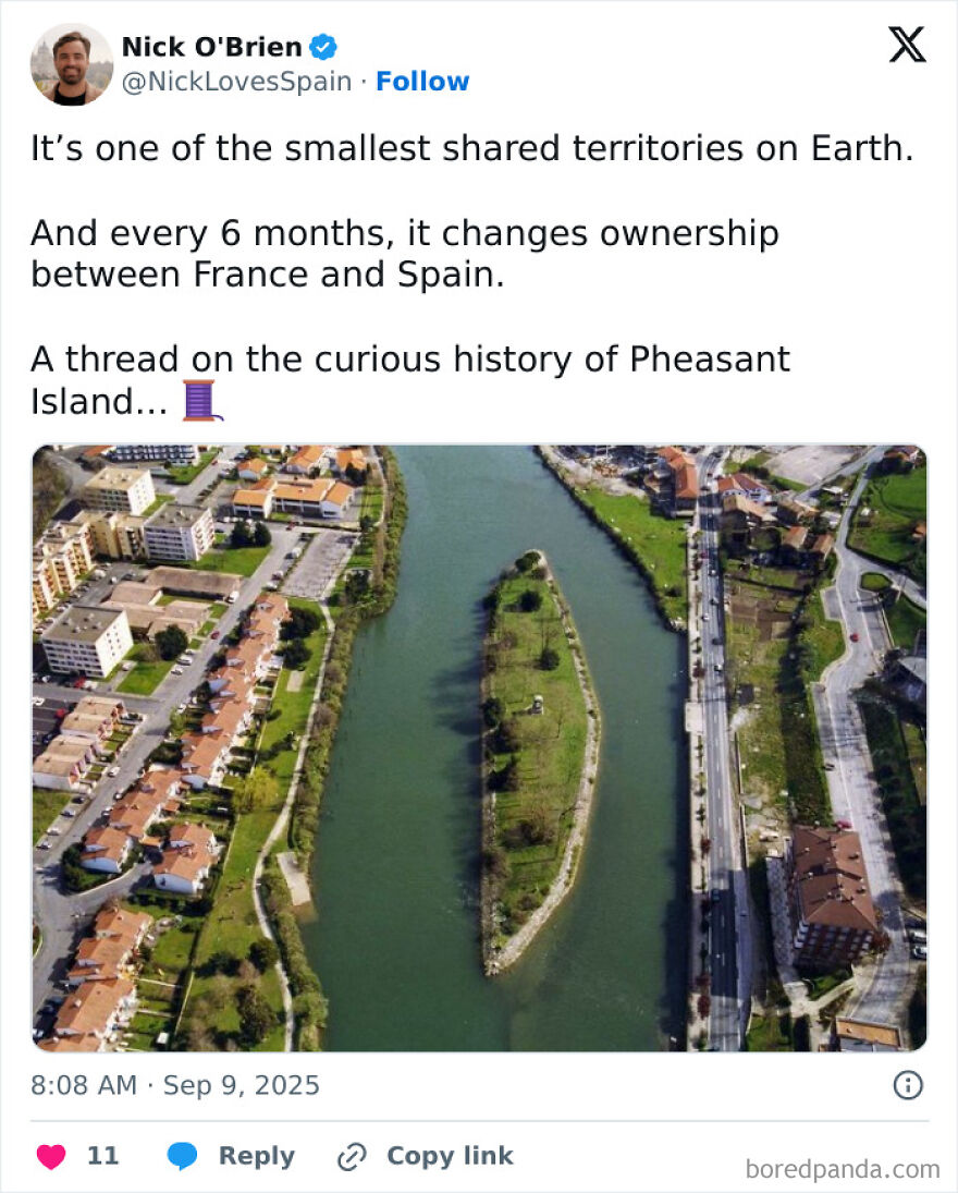 An aerial view of Pheasant Island, a small landmass in a river, illustrating unique country borders.