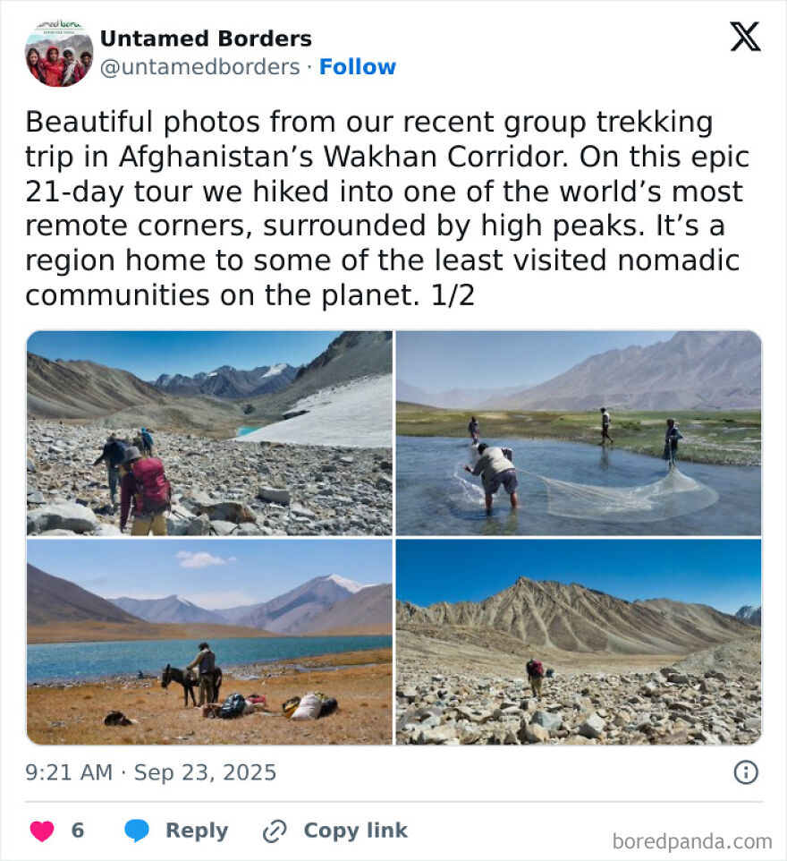Hikers and local communities in Afghanistan's Wakhan Corridor, surrounded by rugged mountains that define its remote country borders.