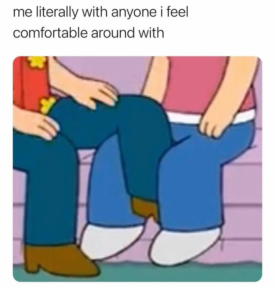 A meme depicting a cartoon character sitting comfortably with another, illustrating physical touch as a love language.