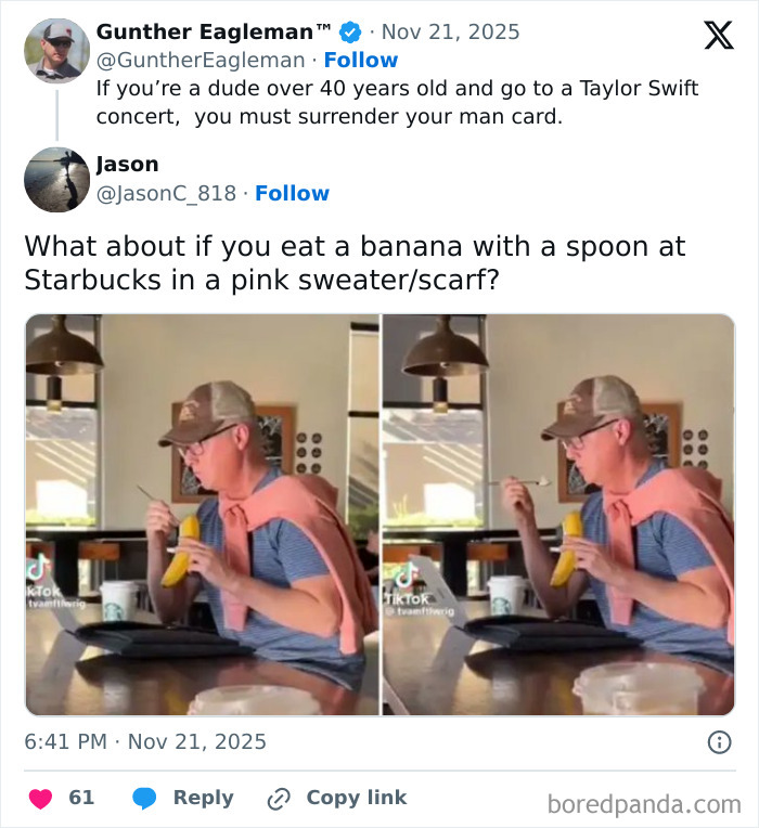 Gunther Eagleman eating a banana with a spoon, highlighting a contradiction online about masculinity.