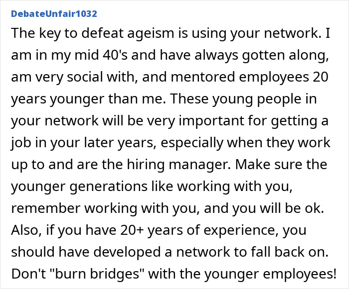 A screenshot of a comment emphasizing networking to defeat ageism, supporting the resume botoxing trick strategy.