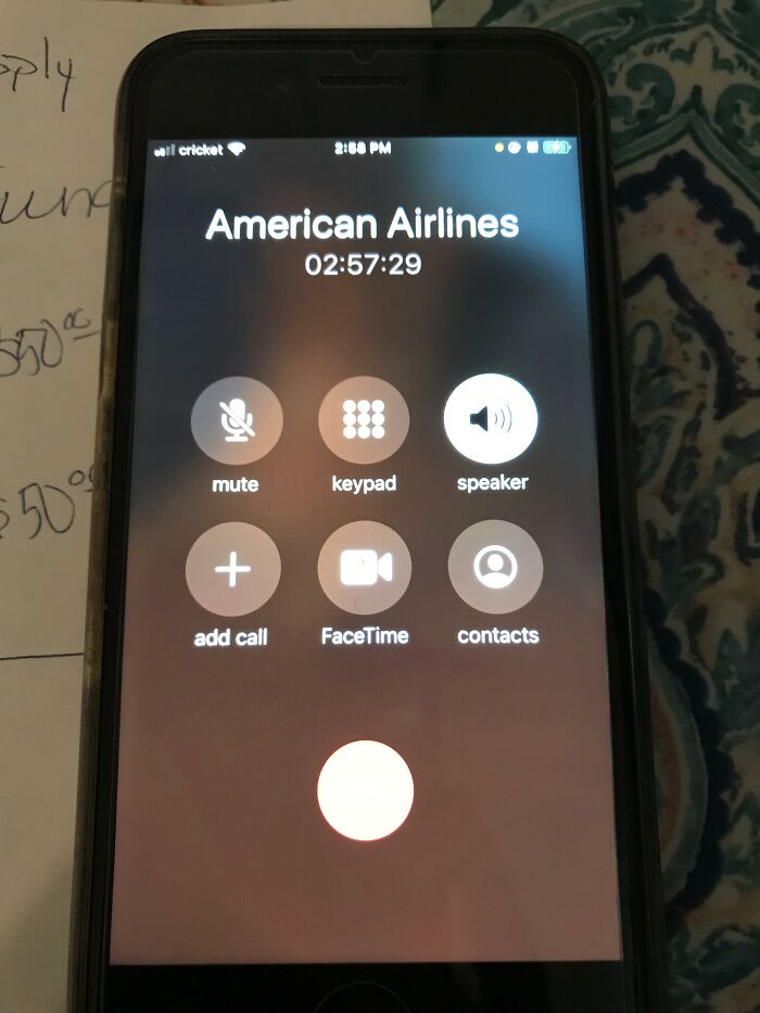 A smartphone screen showing a call to American Airlines with a long wait time, reflecting entitled people's reality check.