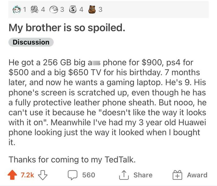 Reddit post by a parent describing their spoiled brother, highlighting a wrong way to solve a problem with parenting.